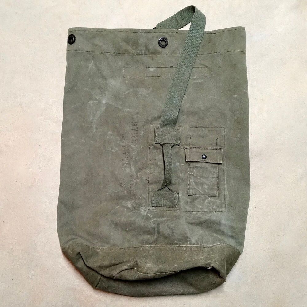 Vintage US Army Top Load Duffel Bag Large Olive Green Duck Canvas Military OD